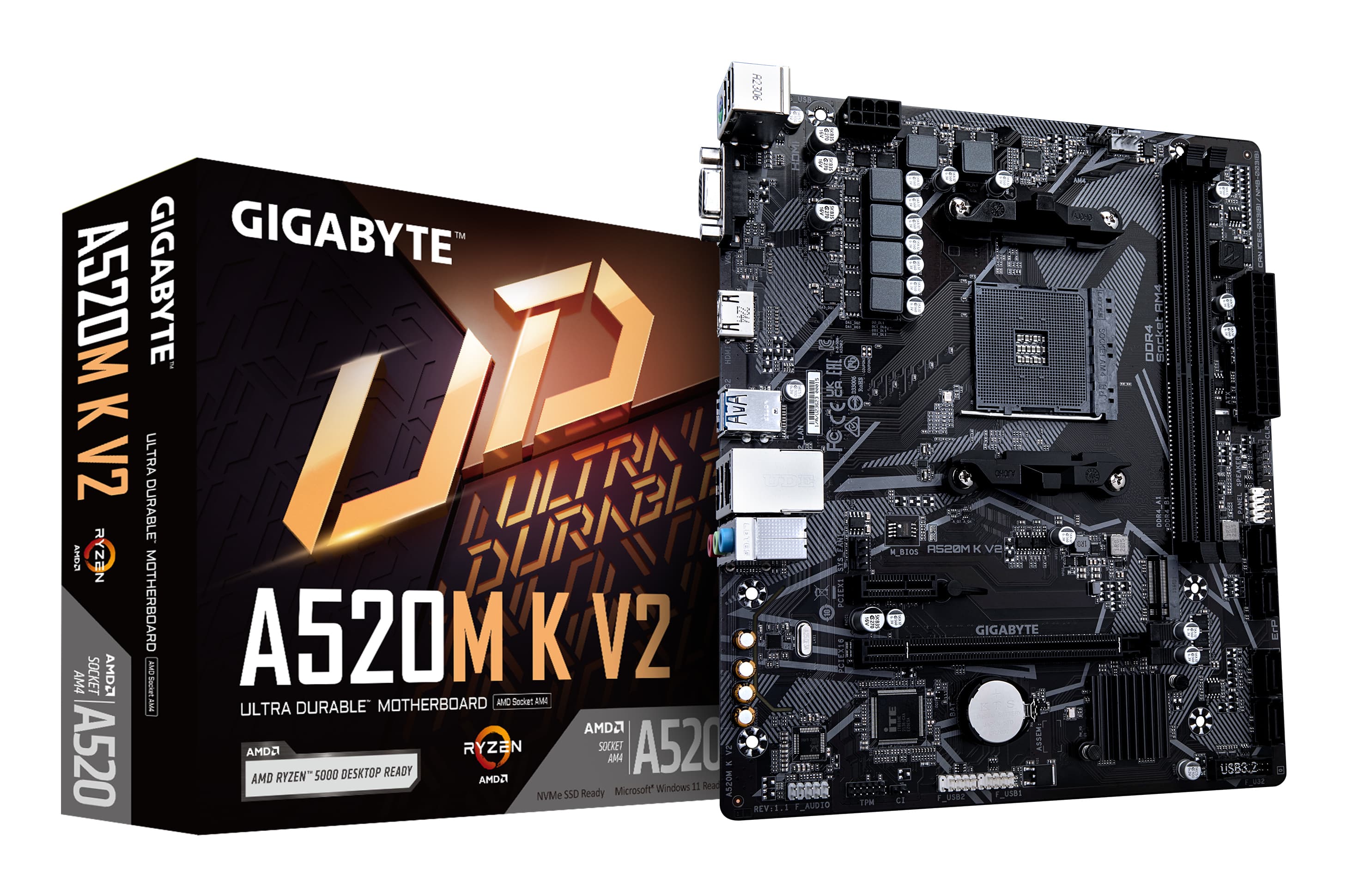 GIGABYTE Carte mère A520M K V2 - Prend en charge les processeurs AMD Ryzen série 5000 AM4, jusqu'à 5100MHz DDR4 (OC), PCIe Gen3 x4 M.2, LAN GbE, USB 3.2 Gen 1