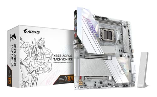 GIGABYTE X870 AORUS TACHYON ICE Carte Mère – Compatible avec les processeurs AMD Ryzen 9000, VRM numérique 18+2+2 phases, jusqu'à 9600 MHz DDR5 (OC), 1 x PCIe 5.0 + 2 x PCIe 4.0, Wi-Fi 7, LAN 5 GbE, USB 4