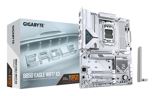 GIGABYTE B850 EAGLE WIFI7 ICE Carte mère - Processeurs AMD Ryzen série 9000, VRM numérique 8+2+2 phases, jusqu'à 8200 MHz DDR5 (O.C.), 1x M.2 PCIe 5.0 + 2x M.2 PCIe 4.0, Wi-Fi 7, LAN 2.5 GbE, USB 3.2 Gen 2