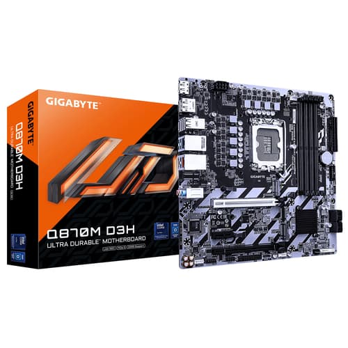 GIGABYTE Q870M D3H Carte Mère - Processeurs Intel Core Ultra (Série 2), VRM 4+1+2 phases, jusqu’à 9066MHz DDR5 (O.C), 2xPCIe 4.0 M.2, LAN 1GbE, USB 3.2 Gen 2