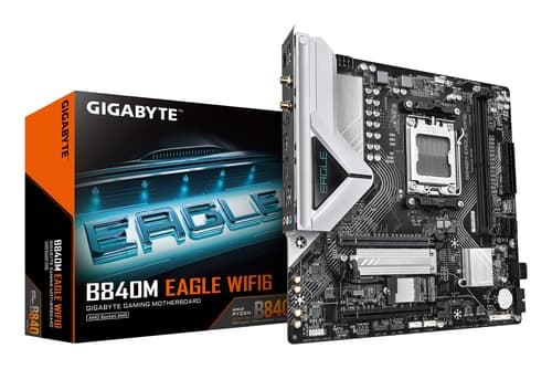 GIGABYTE B840M EAGLE WIFI6 Carte Mère – Processeurs AMD Ryzen 9000, 5+2+2 phases VRM, jusqu’à 7600 MHz DDR5 (O.C.), 1 x M.2 PCIe 4.0 + 1 x M.2 PCIe 3.0, Wi-Fi 6, LAN 2.5 GbE, USB 3.2 Gen 1