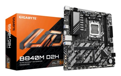 GIGABYTE B840M D2H Carte mère - Processeurs AMD Ryzen 9000, VRM 5+2+2 phases, jusqu'à 7600 MHz DDR5, 1xPCIe 4.0 + 1xPCIe 3.0 M.2, LAN 2.5GbE, USB 3.2 Gen 1