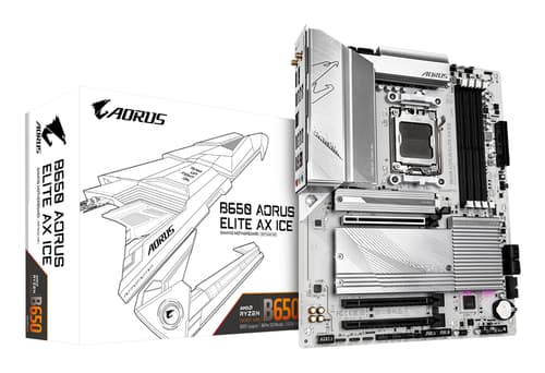 GIGABYTE B650 AORUS ELITE AX ICE Carte mère - Compatible avec les processeurs AMD Ryzen 9000, VRM numérique 12+2+2 phases, jusqu'à 8000 MHz DDR5 (OC), 1xPCIe 5.0 + 2xPCIe 4.0 M.2, Wi-Fi 6E, LAN 2.5GbE, USB 3.2 Gen 2x2