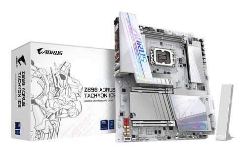 GIGABYTE Z890 AORUS TACHYON ICE Carte Mère – Processeurs Intel Core Ultra (série 2), VRM 18+1+2 phases, jusqu’à 9500 MHz DDR5 (O.C), 1 x PCIe 5.0 + 3 x PCIe 4.0, Wi-Fi 7, LAN 5 GbE, USB 3.2 Gen 2x2