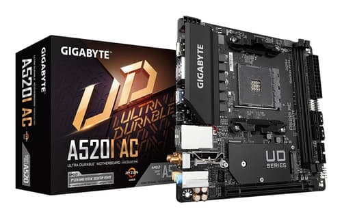 GIGABYTE A520I AC Carte Mère - Prend en charge les processeurs AMD Ryzen 5000 Series AM4, 6 phases VRM numériques, jusqu'à 5300MHz DDR4 (OC), 1xPCIe 3.0 M.2, WIFI, GbE LAN, USB 3.2 Gen1