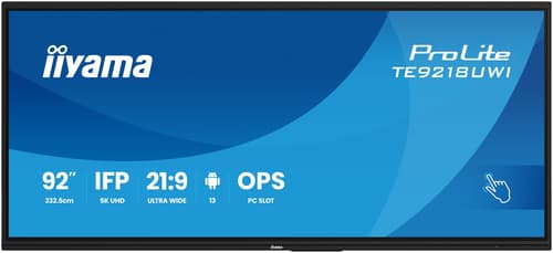 iiyama TE9218UWI-B1AG Écran d'affichage dynamique Écran plat interactif 2,32 m (91.5") LED Wifi 500 cd/m² 5K Ultra HD Noir Écran tactile Intégré dans le processeur Android 16/7
