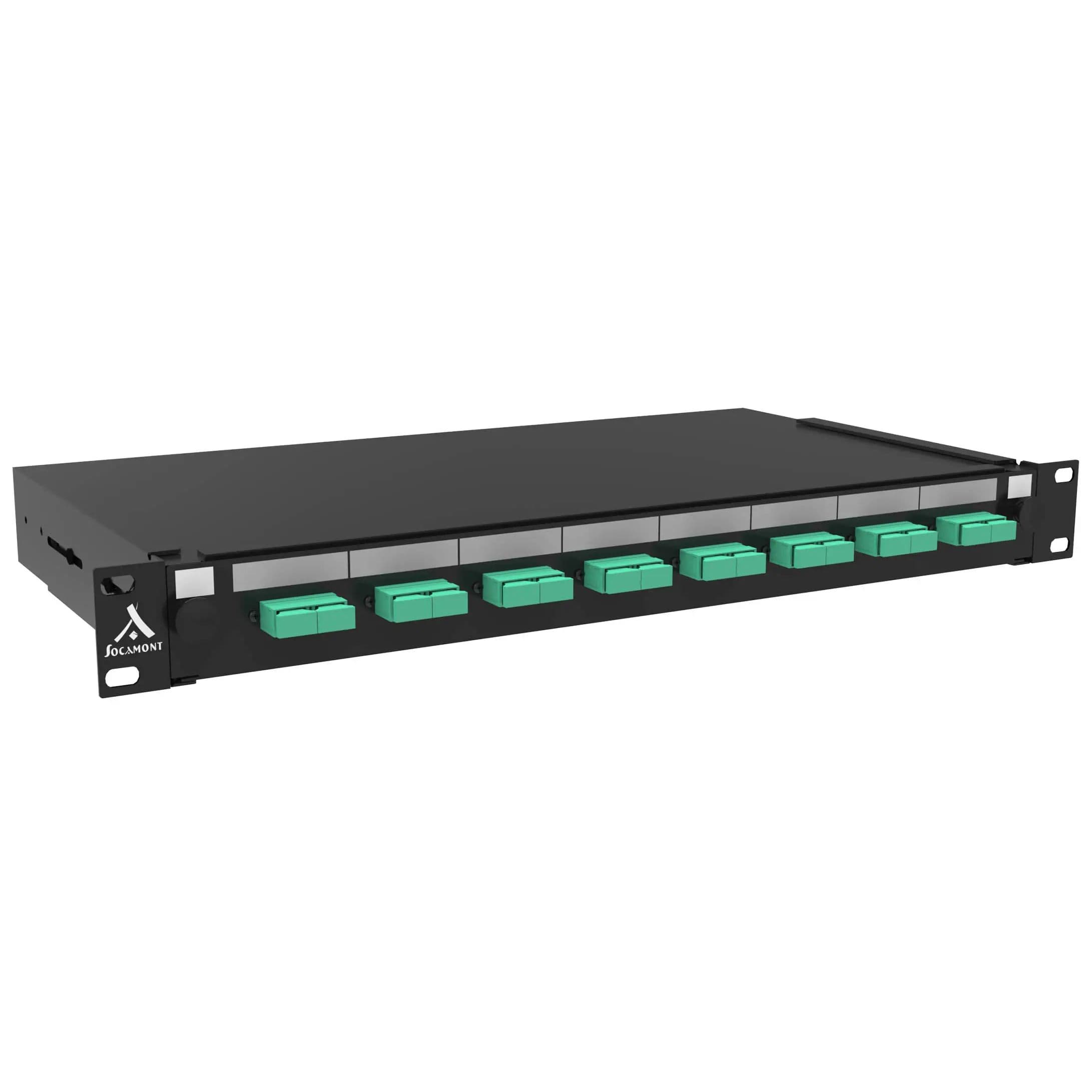 SOCAMONT Tiroir optique 19" avec 8 SC duplex multimode OM3 50/125 OM4 50/125 aqua / kit management