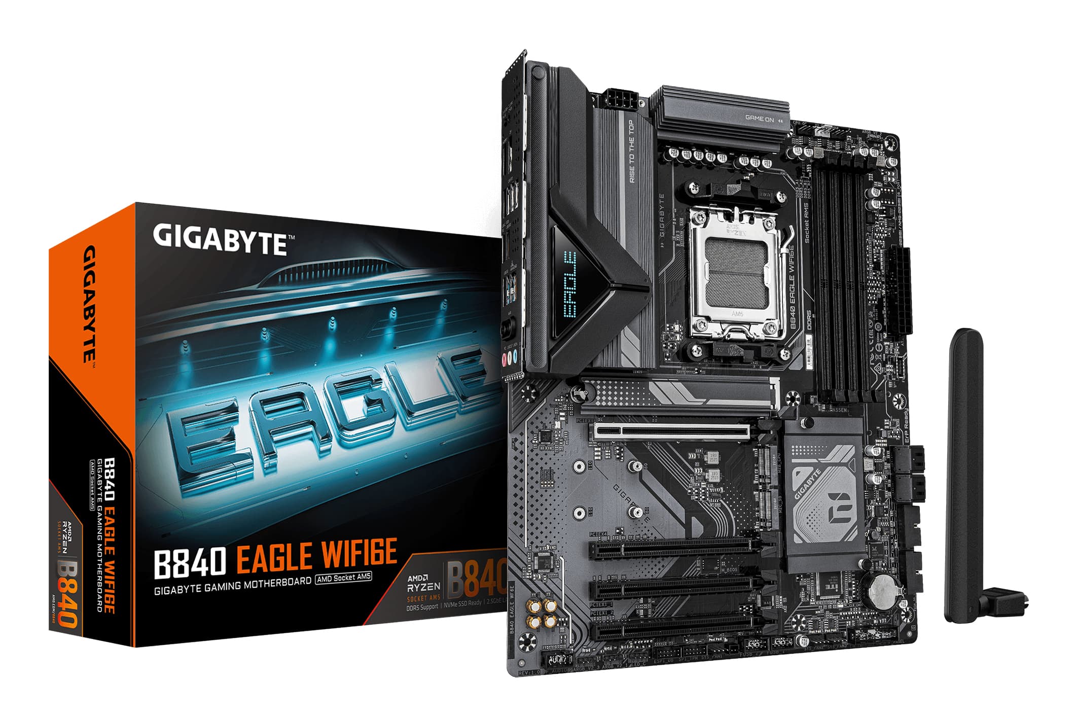 GIGABYTE B840 EAGLE WIFI6E Carte Mère - Processeurs AMD Ryzen 9000, VRM 8+2+2 phases, jusqu’à 8200MHz DDR5(O.C), 2xPCIe 4.0 + 1xPCIe 3.0 M.2, Wi-Fi 6E, LAN 2.5GbE, USB 3.2 Gen 2