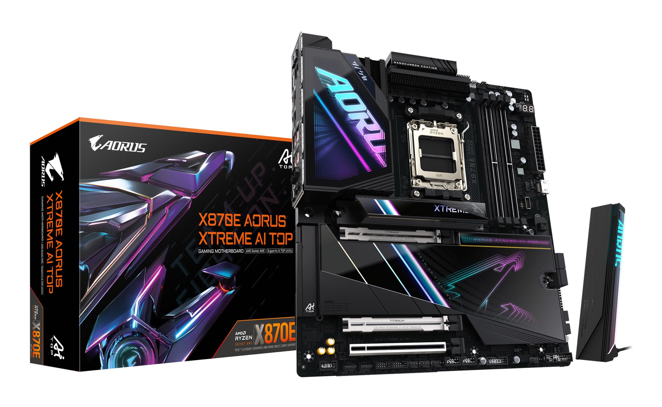 GIGABYTE X870E AORUS XTREME AI TOP Carte mère - Compatible avec les processeurs AMD Ryzen série 9000, VRM 18+2+2 phases, jusqu'à 8800 MHz DDR5 (OC), 1xPCIe 5.0 M.2 + 3xPCIe 4.0 M.2, WI-FI 7, LAN 10 GbE, USB 4