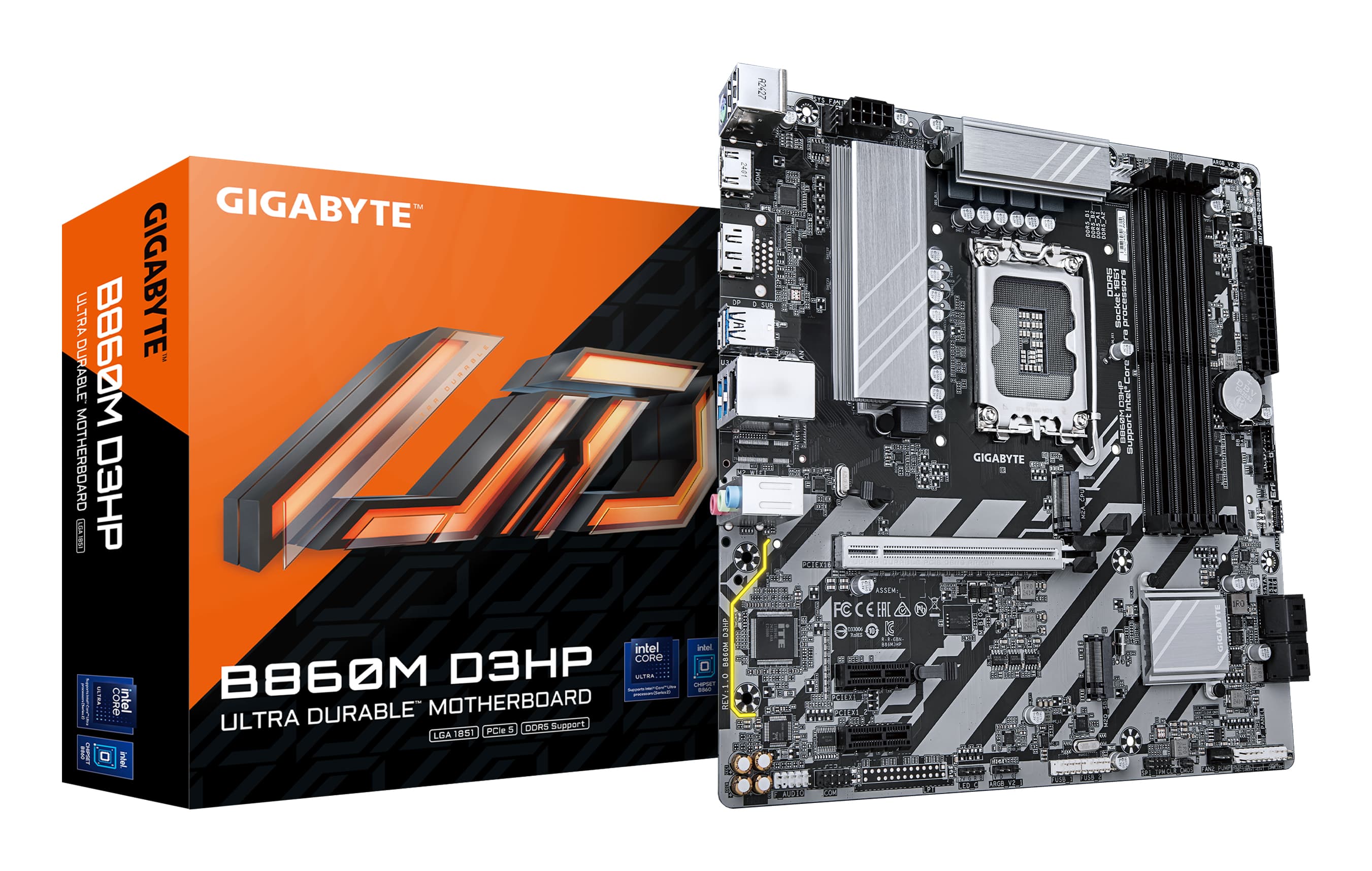 GIGABYTE B860M D3HP Carte mère - Processeurs Intel Core Ultra, VRM 4+1+2+1 phases, jusqu'à 9066MHz DDR5, 2xPCIe 4.0 M.2, LAN GbE, USB 3.2 Gen 1