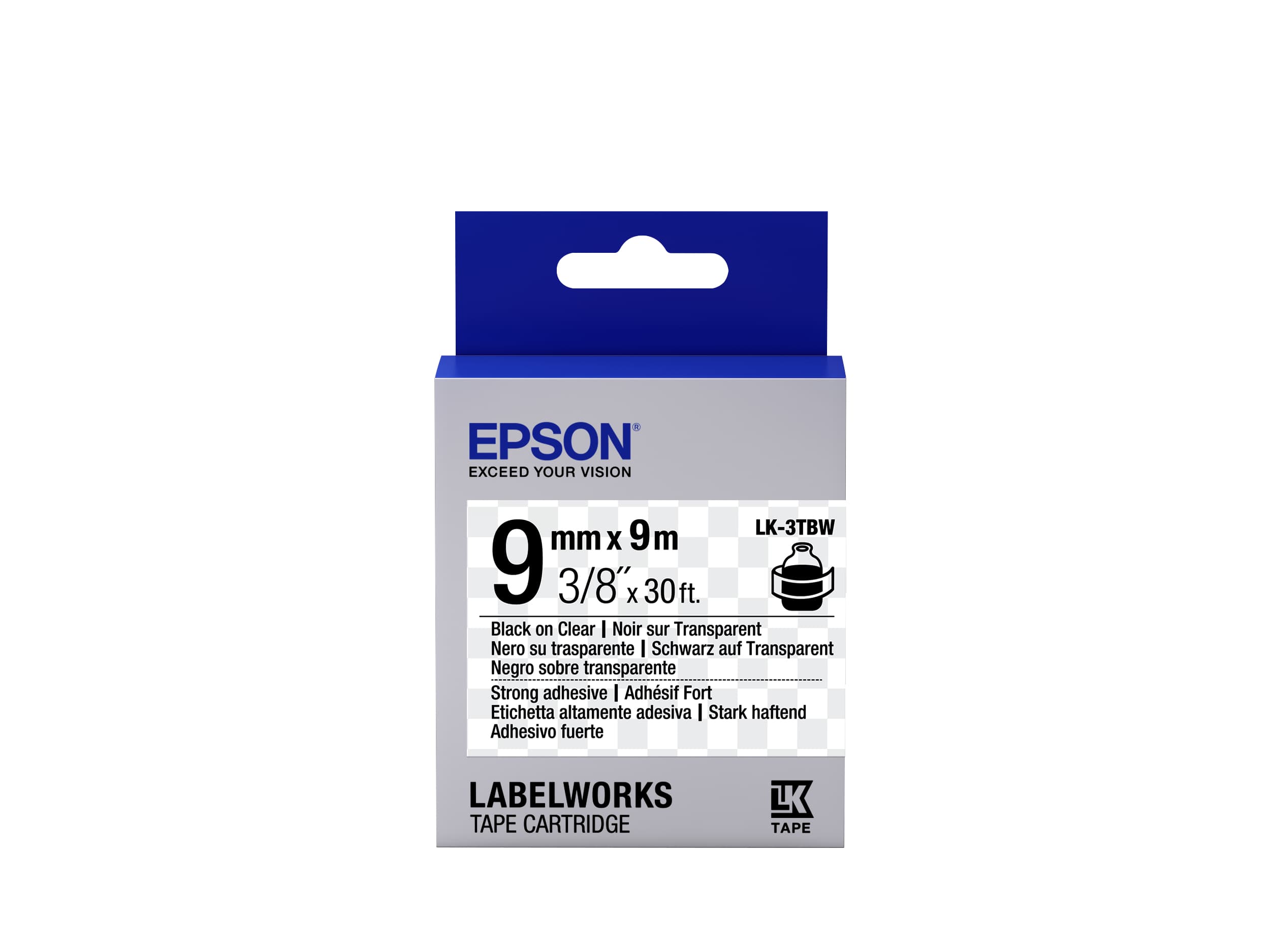 Epson LK-3TBW - Adhésif Fort - Noir sur Transparent - 9mmx9m