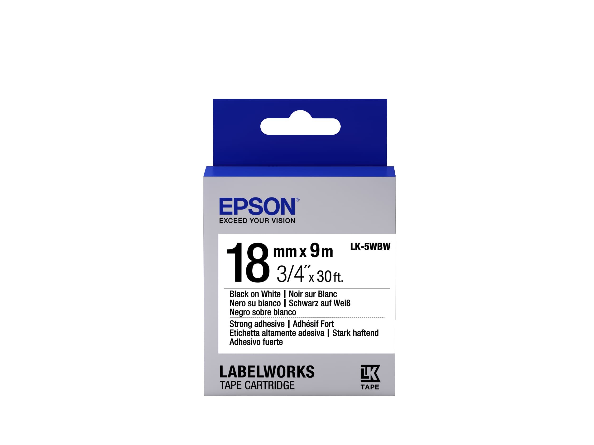 Epson LK-5WBW - Adhésif Fort - Noir sur Blanc - 18mmx9m