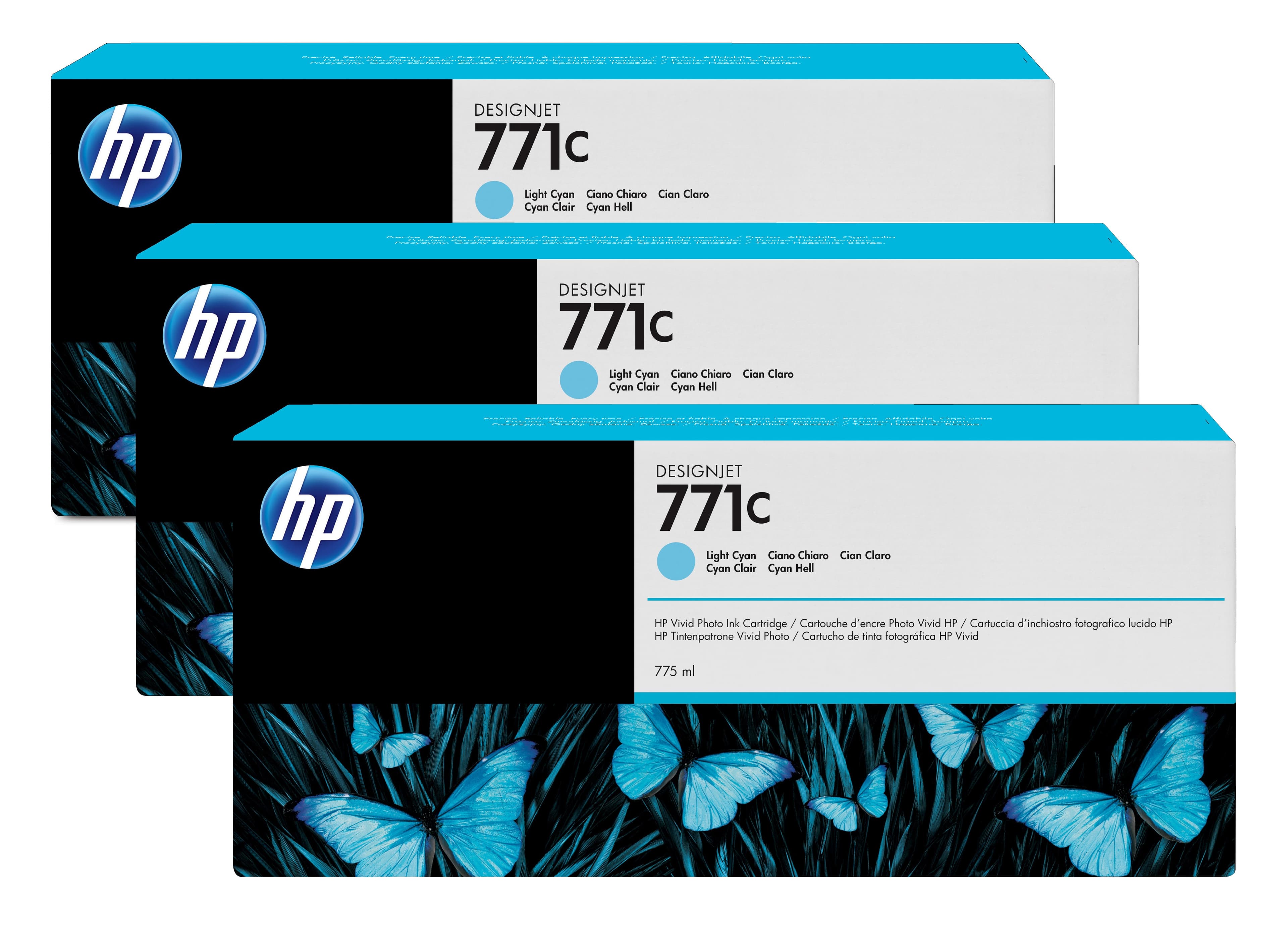 HP 771C pack de 3 cartouches d'encre DesignJet cyan clair, 775 ml