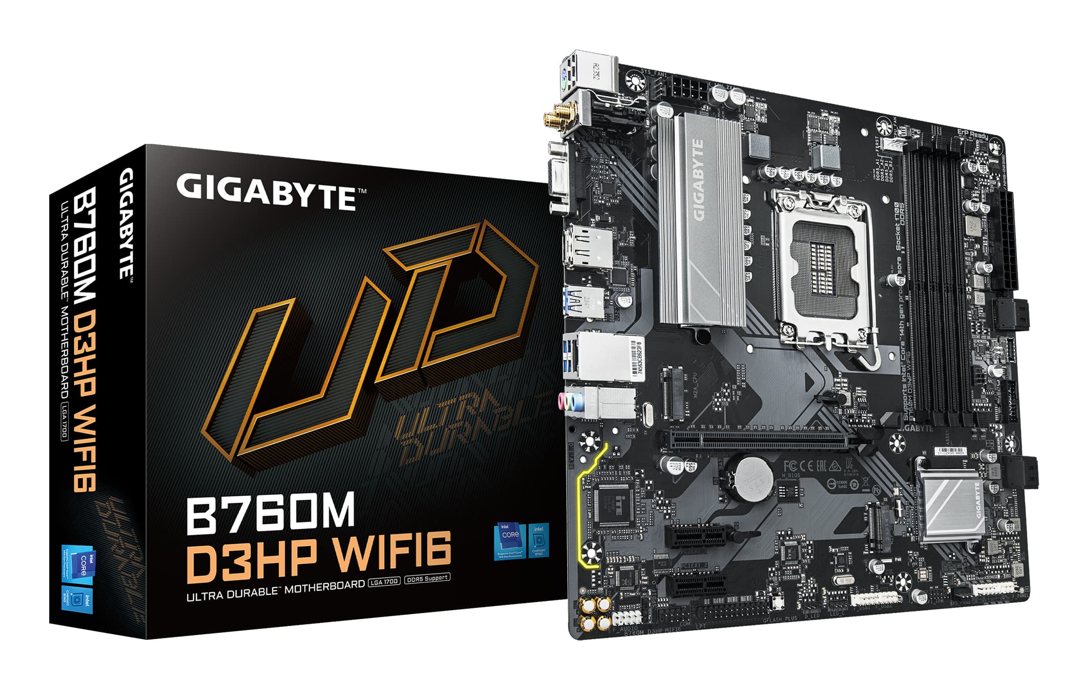 GIGABYTE B760M D3HP WIFI6 Carte mère - Compatible avec les processeurs Intel Core 14e génération, VRM numérique 4+1+1 phases, jusqu'à 5600 MHz DDR5, 2x M.2 PCIe 4.0, Wi-Fi 6, LAN GbE, USB 3.2 Gen 1