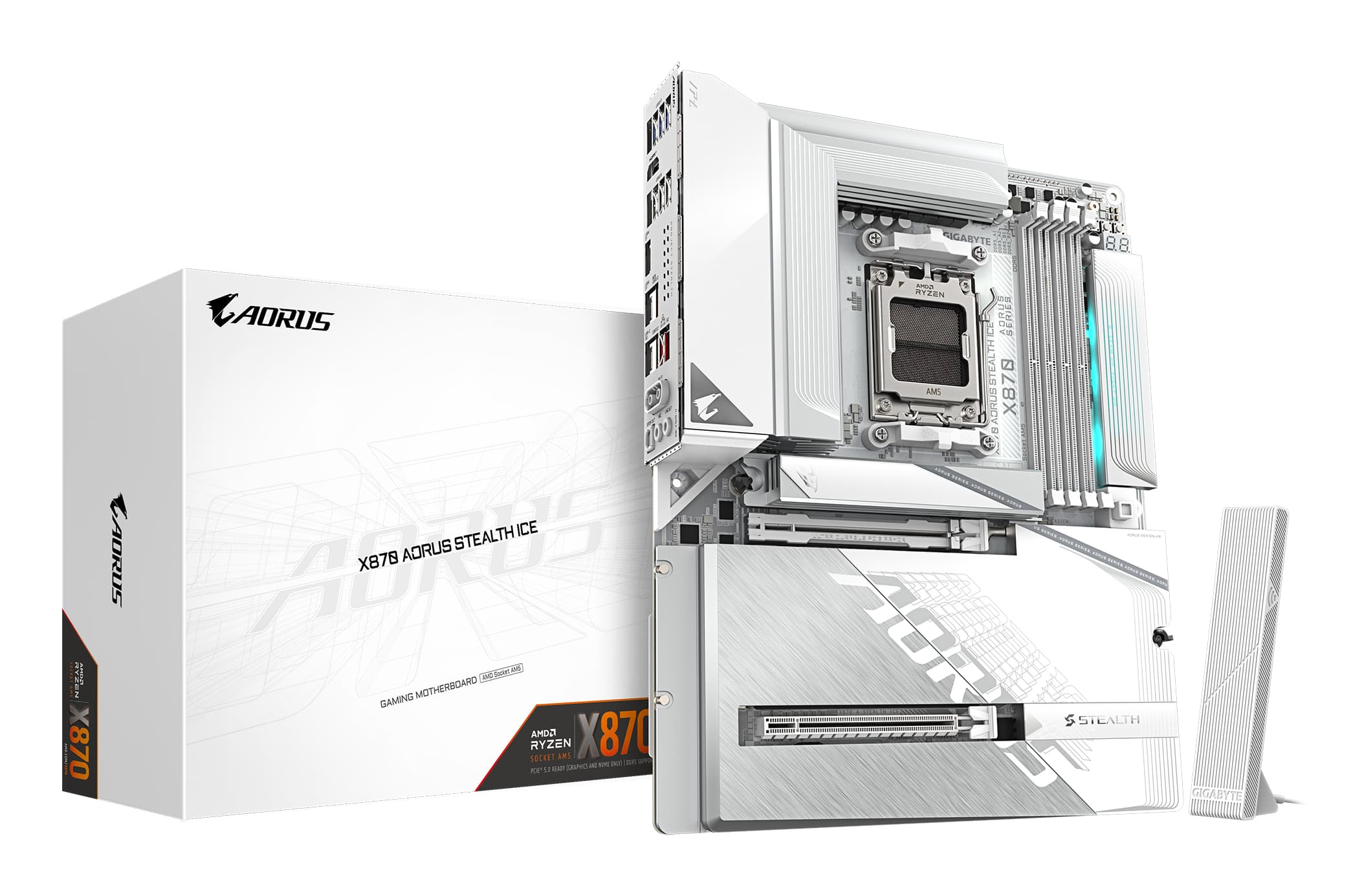 GIGABYTE X870 AORUS STEALTH ICE Carte Mère – Prend en charge les processeurs AMD Ryzen 9000, VRM numérique 16+2+2 phases, jusqu’à 8200 MHz DDR5 (OC), 2 x PCIe 5.0 + 2 x PCIe 4.0, Wi-Fi 7, LAN 5 GbE, USB 4