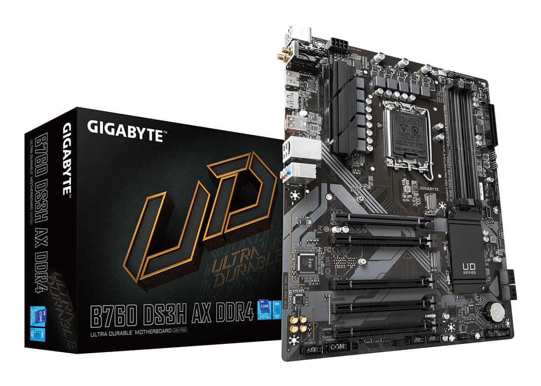 GIGABYTE B760 DS3H AX DDR4 Carte Mère - Compatible avec les processeurs Intel Core 14e génération, VRM numérique 8+2+1 phases, jusqu'à 5333MHz DDR4 (OC), 2x PCIe 4.0 M.2, Wi-Fi 6E, GbE LAN, USB 3.2 Gen 2