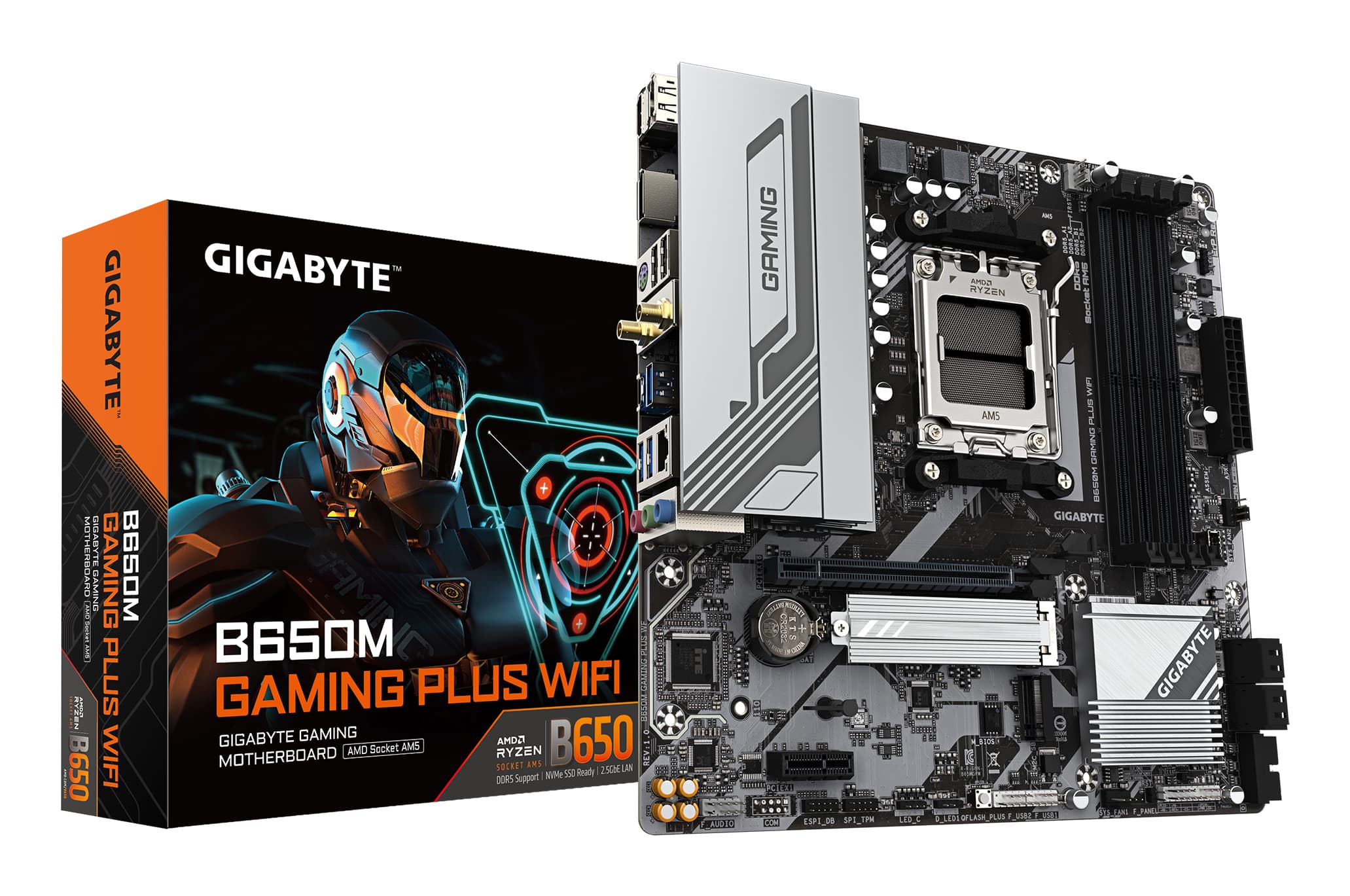GIGABYTE B650M GAMING PLUS WIFI Carte mère - Processeurs AMD Ryzen 9000, VRM 5+2+2 phases, jusqu'à 8000 MHz DDR5, 2xPCIe 4.0 M.2, LAN 2.5GbE, WIFI 6E, USB 3.2 Gen 1