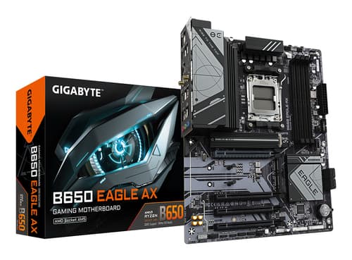 GIGABYTE B650 EAGLE AX Carte mère - AMD Ryzen série 9000, VRM 12+2+2 phases, jusqu'à 7600 MHz DDR5 (OC), 1xPCIe 5.0 + 2xPCIe 4.0 M.2, LAN GbE, WIFI 6E, USB 3.2 Gen 2