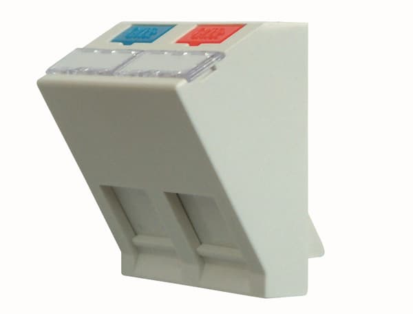 SOCAMONT Plastron incliné 2 entrées Keystone 45x45 avec volet et inserts de couleur Platine Réseaux